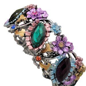 Flower Floral Clamper Bracelet With Oval Glass Cabochon Beads Crystals